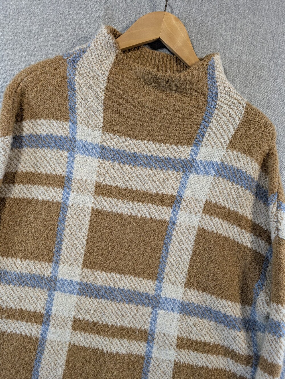 Cynthia Rowley Merino Wool Blend Plaid Sweater Women's XL Brown Blue Cuffed